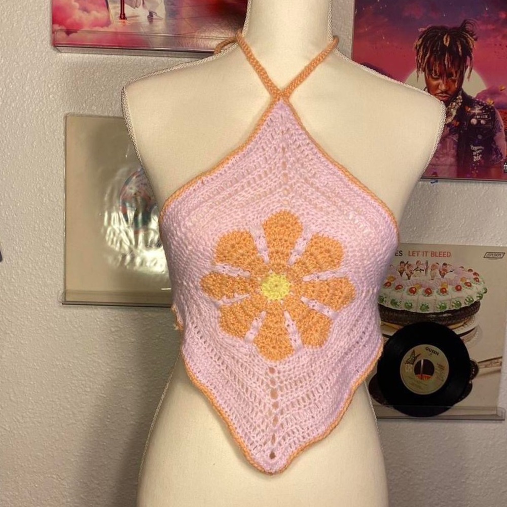 Handmade Crochet Halter Top - Pink and Orange